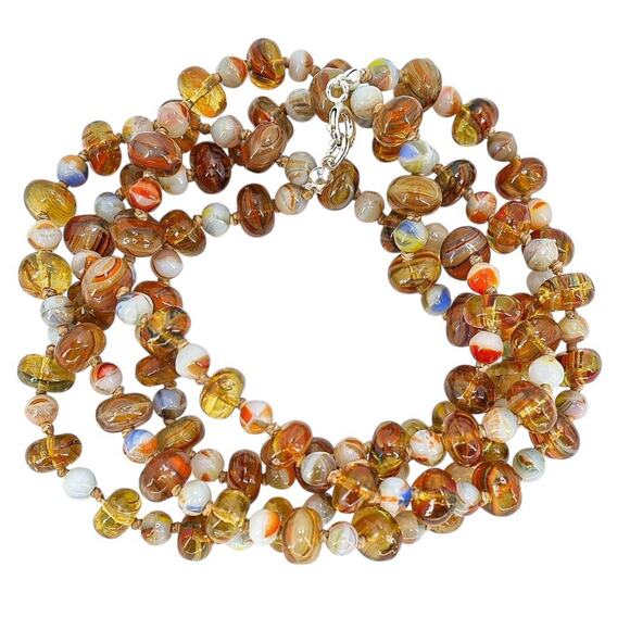 Vintage Czech Pressed Glass Necklace Amber And White Based W Swirls Silver Clasp - Picture 1 of 7
